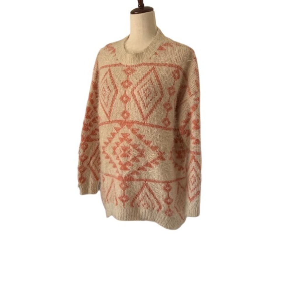 Love Culture Boho Aztec Tribal Fuzzy Eyelash Knit Sweater M Coral Gold Tinsel